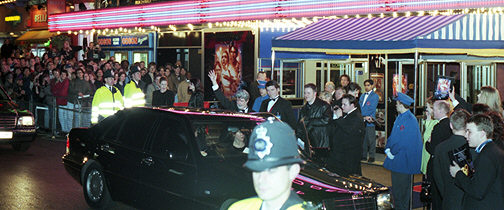 Star Wars Special Edition - Empire, Leicester Square, London, 20th March 1997. George Lucas waves to fans at the Royal Charity Premiere.
